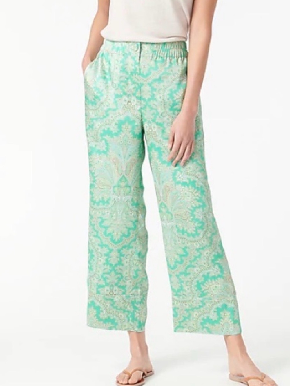 J Crew Collection Pull On High Rise Wide Leg Aqua Paisley Pants 14 NWT
